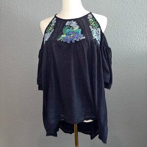 FP FREE PEOPLE Navy Embroidered Boho Cold Shoulder Flowing High Low Top EUC S